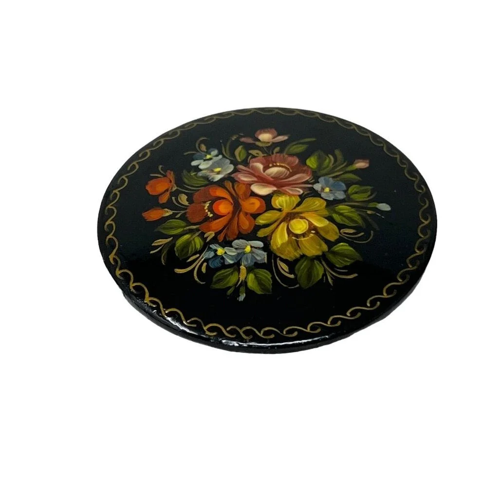 Vintage Metal Handpainted Brooch‎ Black with Orange and Yellow Flowered Pin